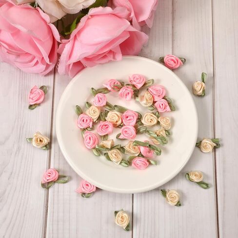 100 PCS Mini Roses for Crafts, Mini Ribbon Roses Flowers for Crafts, Cute Ribbon Rose with Green Leaves, Artificial Fabric Flower Embellishments for DIY Crafting Sewing Wrapping Wedding Decoration in Saudi Arabia