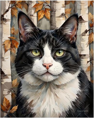مجموعة طلاء بالأرقام من Tuxedo Cat للبالغين - لوحة قطة باللونين الأبيض والأسود في غابة الخريف على القماش مقاس 16 × 20 بوصة، مجموعة طلاء أكريليك، مناسبة للمبتدئين، فن لتزيين المنزل أو الهدايا in Saudi Arabia