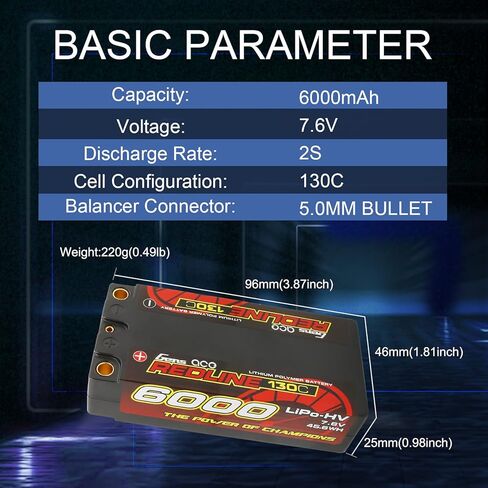 Gens ace 2S Shorty Lipo Battery Redline Series 6000mAh 7.6V 130C 2S2P HardCase HV Lipo Battery for with 5.0mm Bullet for 1 8 1 10 RC Racing Car Off Road Racing F1 Class FWD in Saudi Arabia