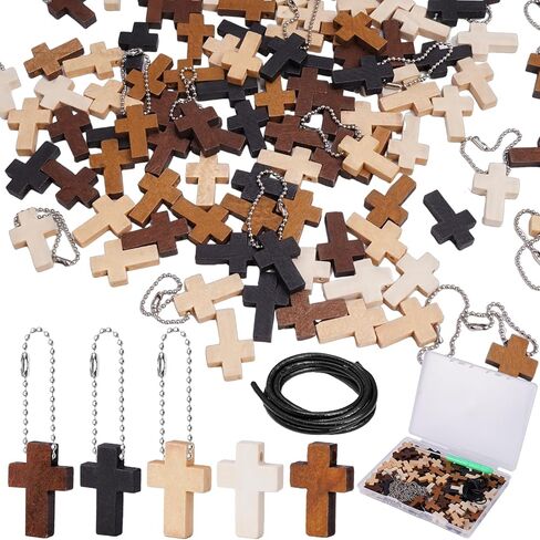NiHome 100PCS Wooden Cross Charms in 5 Colors with Bead Chains, Cowhide Cord & Hole Punch, Mini Christian Pendants for DIY Crafts, Bracelets, Necklaces, Keychains, Prayer Blankets, Easter Decorations in Saudi Arabia