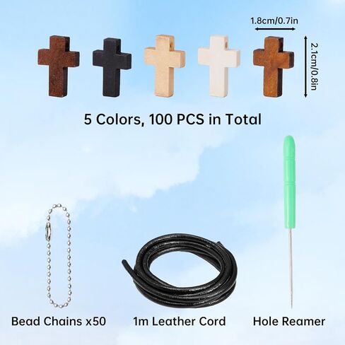 NiHome 100PCS Wooden Cross Charms in 5 Colors with Bead Chains, Cowhide Cord & Hole Punch, Mini Christian Pendants for DIY Crafts, Bracelets, Necklaces, Keychains, Prayer Blankets, Easter Decorations in Saudi Arabia