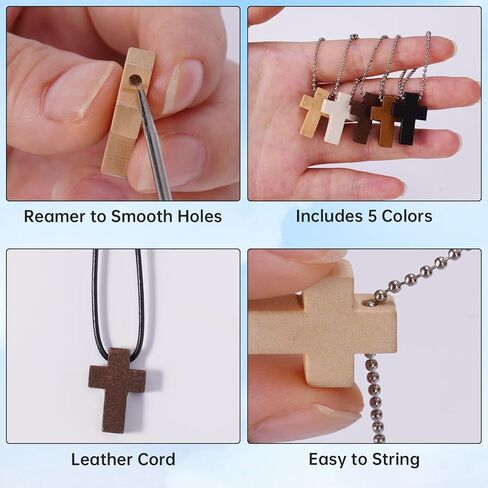NiHome 100PCS Wooden Cross Charms in 5 Colors with Bead Chains, Cowhide Cord & Hole Punch, Mini Christian Pendants for DIY Crafts, Bracelets, Necklaces, Keychains, Prayer Blankets, Easter Decorations in Saudi Arabia