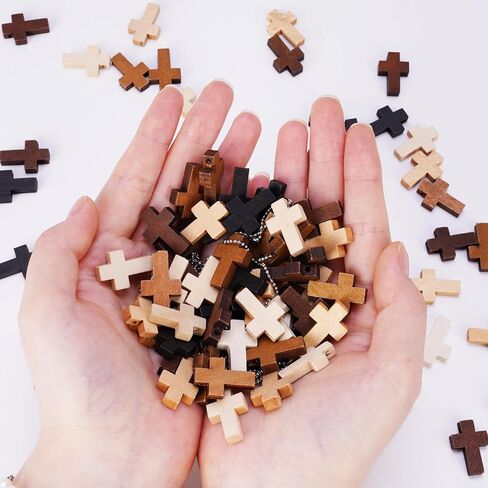 NiHome 100PCS Wooden Cross Charms in 5 Colors with Bead Chains, Cowhide Cord & Hole Punch, Mini Christian Pendants for DIY Crafts, Bracelets, Necklaces, Keychains, Prayer Blankets, Easter Decorations in Saudi Arabia