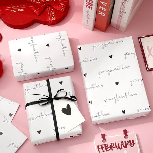 JarThenaAMCS Valentine's Day Wrapping Paper with Ribbon Tag -Not Roll-39.4 x 27.6 Inch Black Heart You're My Favorite Human Gift Wrap Art Paper for Bridal Baby Shower Birthday DIY Craft, 6 Sheet in Saudi Arabia