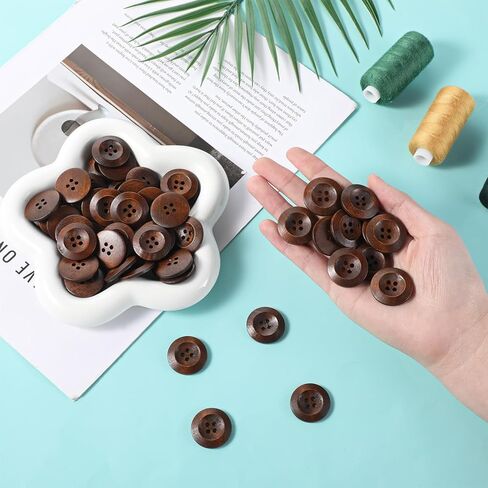 50 Pcs Big Wooden Buttons, 1 Inch (25 mm) Small Natural Wood Brown Buttons 4 Hole Round Sewing Large Replacement Button for Clothing, DIY Crafts, Jackets, Sewing Project, Home Decorations in Saudi Arabia