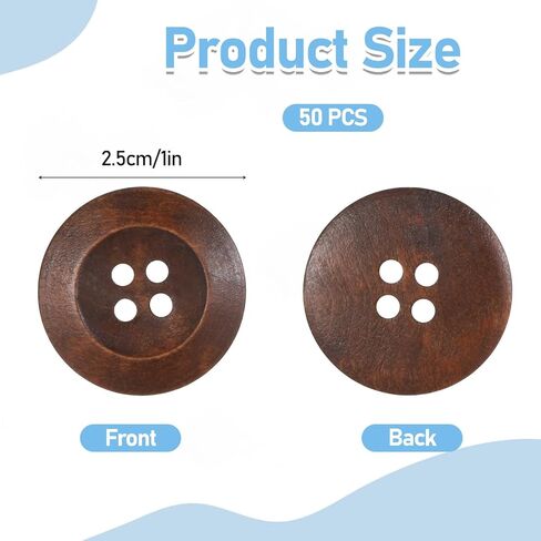 50 Pcs Big Wooden Buttons, 1 Inch (25 mm) Small Natural Wood Brown Buttons 4 Hole Round Sewing Large Replacement Button for Clothing, DIY Crafts, Jackets, Sewing Project, Home Decorations in Saudi Arabia