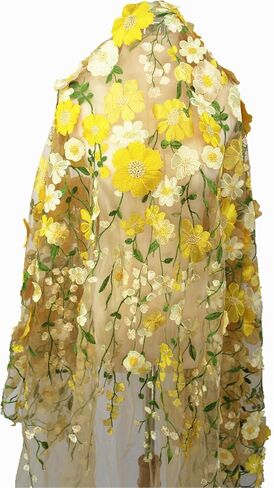 1 Yard Yellow 3D Flowers Heavy Embroidery Lace Floral Fabric for Sewing Dresses Jacket Jeans (Yellow Mesh,1 Yard) in Saudi Arabia