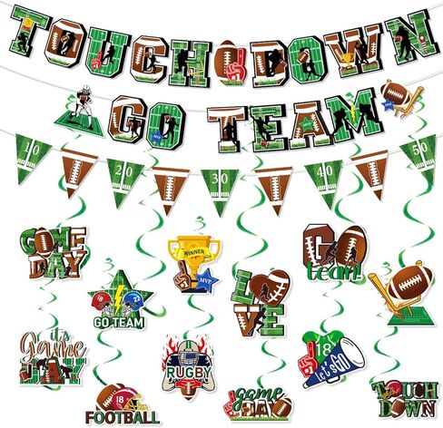 Tomario 53PCS Football Party Decorations Kit, Touch Down Go Team Football Theme Paper Banner Triangle Flags Banner Hanging Swirl - Football Game Day Party Decorations in Saudi Arabia