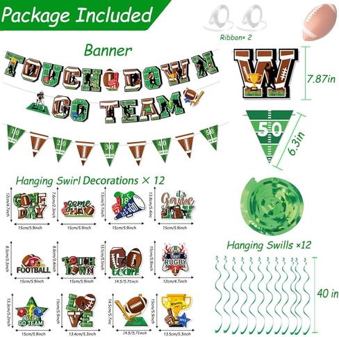Tomario 53PCS Football Party Decorations Kit, Touch Down Go Team Football Theme Paper Banner Triangle Flags Banner Hanging Swirl - Football Game Day Party Decorations in Saudi Arabia