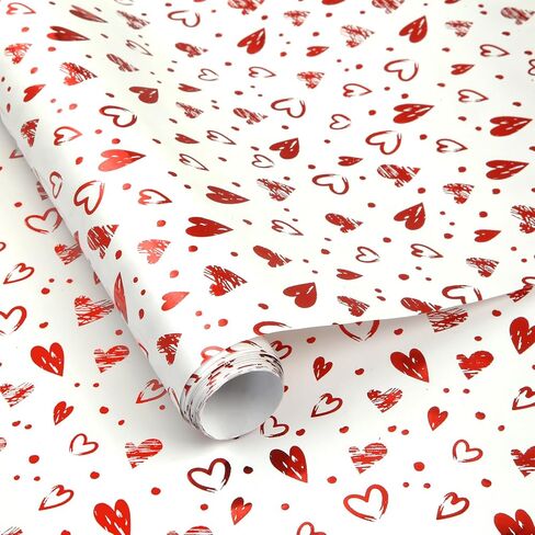 Geluode Valentine's Day Wrapping Paper Roll, 1 Roll 17x120Inch Foil Red Hearts Pattern Wrapping Paper, Red in White Background for Birthday, Valentine's Day, Christmas Presents in Saudi Arabia