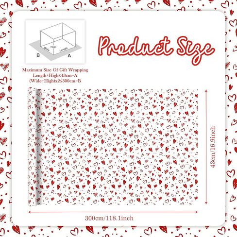Geluode Valentine's Day Wrapping Paper Roll, 1 Roll 17x120Inch Foil Red Hearts Pattern Wrapping Paper, Red in White Background for Birthday, Valentine's Day, Christmas Presents in Saudi Arabia