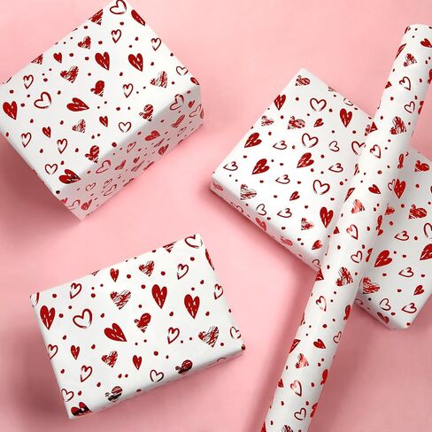 Geluode Valentine's Day Wrapping Paper Roll, 1 Roll 17x120Inch Foil Red Hearts Pattern Wrapping Paper, Red in White Background for Birthday, Valentine's Day, Christmas Presents in Saudi Arabia