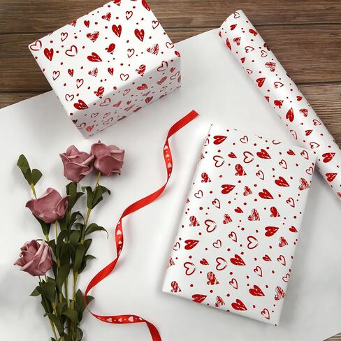 Geluode Valentine's Day Wrapping Paper Roll, 1 Roll 17x120Inch Foil Red Hearts Pattern Wrapping Paper, Red in White Background for Birthday, Valentine's Day, Christmas Presents in Saudi Arabia