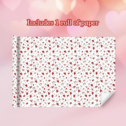 Geluode Valentine's Day Wrapping Paper Roll, 1 Roll 17x120Inch Foil Red Hearts Pattern Wrapping Paper, Red in White Background for Birthday, Valentine's Day, Christmas Presents in Saudi Arabia