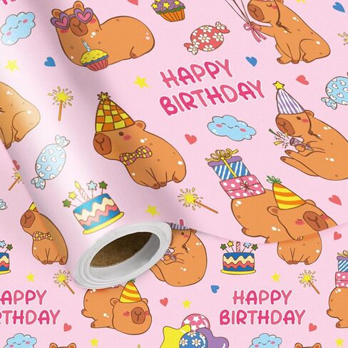لفة ورق تغليف عيد الميلاد من LeZakaa Pink Capybara، كرتون كابيبارا مع الهدايا، تصميم كعكة البالونات لحفلات أعياد الميلاد للأطفال وتغليف الهدايا، لفة صغيرة 17 بوصة × 16.4 قدم in Kuwait