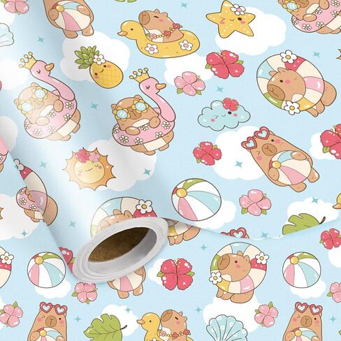 لفة ورق تغليف عيد الميلاد من LeZakaa Pink Capybara، كرتون كابيبارا مع الهدايا، تصميم كعكة البالونات لحفلات أعياد الميلاد للأطفال وتغليف الهدايا، لفة صغيرة 17 بوصة × 16.4 قدم in Kuwait