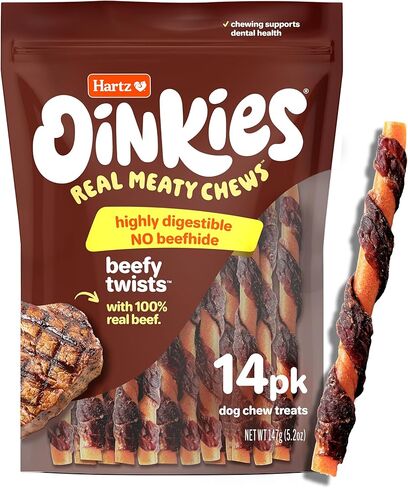 Hartz Oinkies Beefy Twists with 100% Real Beef Flavorful Beefhide-Free Natural Dog Treats, 14 Count in Saudi Arabia