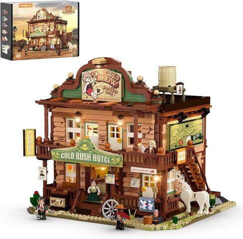 Western-Inn Lighting-Building-Bricks Set - 2682 Pcs The Old West Inn Light Construction Hotel Building Model Set for Adults and West Lovers in Kuwait