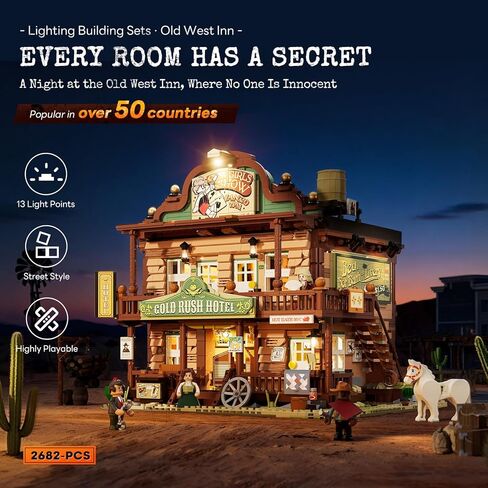 Western-Inn Lighting-Building-Bricks Set - 2682 Pcs The Old West Inn Light Construction Hotel Building Model Set for Adults and West Lovers in Kuwait