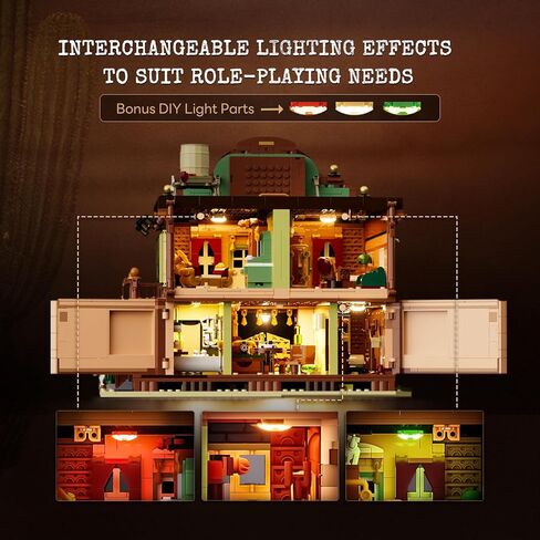 Western-Inn Lighting-Building-Bricks Set - 2682 Pcs The Old West Inn Light Construction Hotel Building Model Set for Adults and West Lovers in Kuwait
