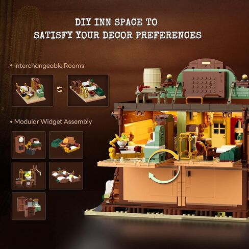 Western-Inn Lighting-Building-Bricks Set - 2682 Pcs The Old West Inn Light Construction Hotel Building Model Set for Adults and West Lovers in Kuwait