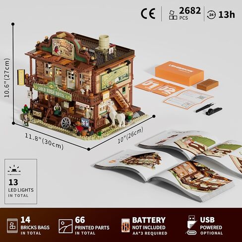 Western-Inn Lighting-Building-Bricks Set - 2682 Pcs The Old West Inn Light Construction Hotel Building Model Set for Adults and West Lovers in Kuwait