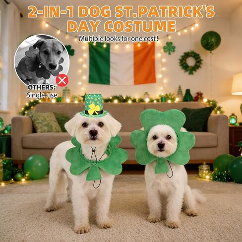 KOOLTAIL St. Patrick’s Day Dog Costume 2 Pcs Set, Pet Outfits with Irish Leprechaun Hat, Shamrock Headband&Collar Cone for Small Medium Large Dogs Cats, Funny Holiday Puppy Party Cosplay Clothes in Kuwait