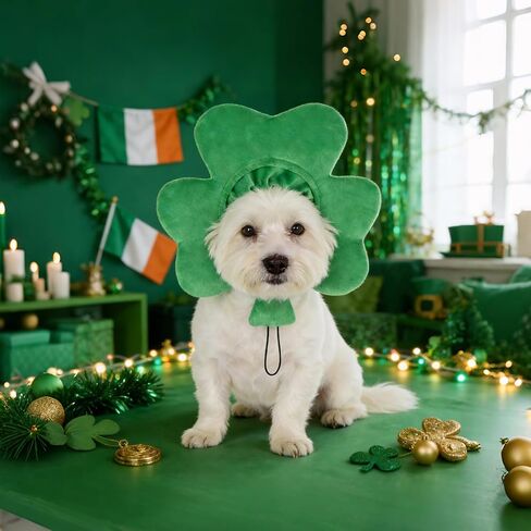 KOOLTAIL St. Patrick’s Day Dog Costume 2 Pcs Set, Pet Outfits with Irish Leprechaun Hat, Shamrock Headband&Collar Cone for Small Medium Large Dogs Cats, Funny Holiday Puppy Party Cosplay Clothes in Kuwait