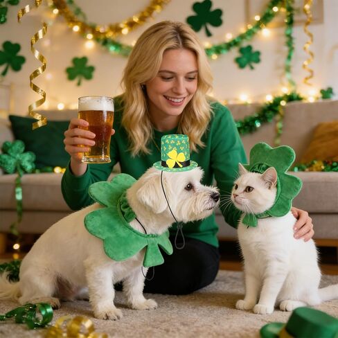 KOOLTAIL St. Patrick’s Day Dog Costume 2 Pcs Set, Pet Outfits with Irish Leprechaun Hat, Shamrock Headband&Collar Cone for Small Medium Large Dogs Cats, Funny Holiday Puppy Party Cosplay Clothes in Kuwait