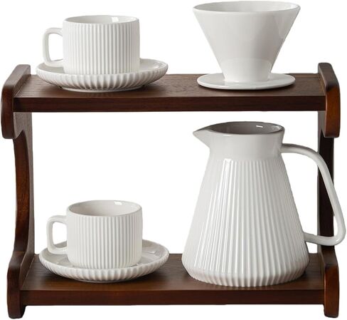 Pour Over Coffee Maker Set, 22OZ Ceramic Pour Over Coffee Dripper with Acacia Wood Stand and 5OZ Cups and Saucers Set of 2, Size 02 in Saudi Arabia