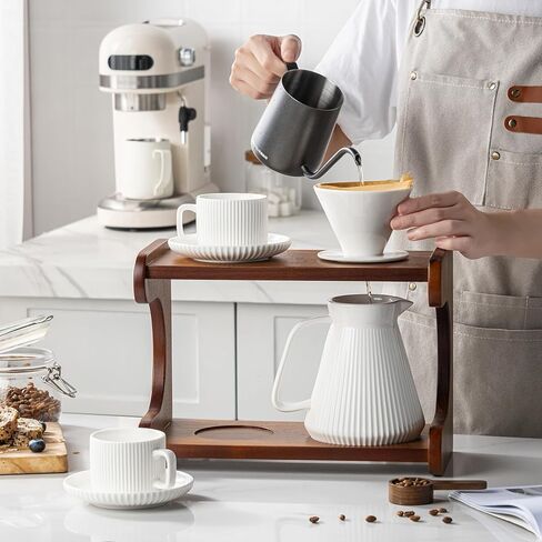 Pour Over Coffee Maker Set, 22OZ Ceramic Pour Over Coffee Dripper with Acacia Wood Stand and 5OZ Cups and Saucers Set of 2, Size 02 in Saudi Arabia
