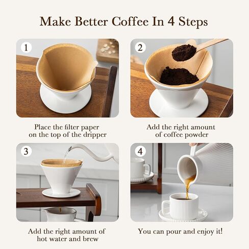 Pour Over Coffee Maker Set, 22OZ Ceramic Pour Over Coffee Dripper with Acacia Wood Stand and 5OZ Cups and Saucers Set of 2, Size 02 in Saudi Arabia