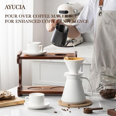 Pour Over Coffee Maker Set, 22OZ Ceramic Pour Over Coffee Dripper with Acacia Wood Stand and 5OZ Cups and Saucers Set of 2, Size 02 in Saudi Arabia
