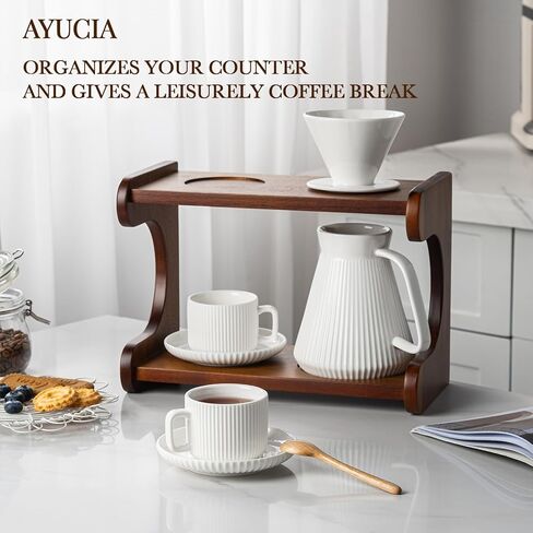 Pour Over Coffee Maker Set, 22OZ Ceramic Pour Over Coffee Dripper with Acacia Wood Stand and 5OZ Cups and Saucers Set of 2, Size 02 in Saudi Arabia