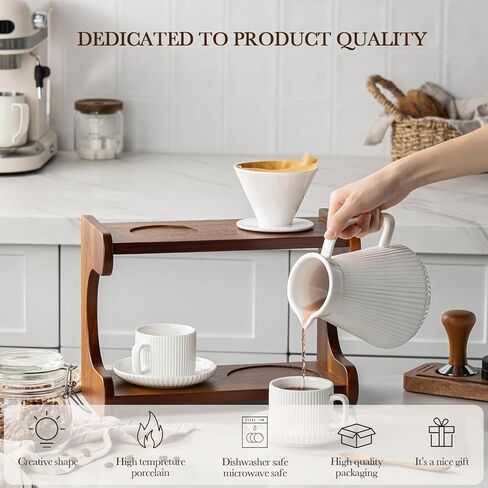 Pour Over Coffee Maker Set, 22OZ Ceramic Pour Over Coffee Dripper with Acacia Wood Stand and 5OZ Cups and Saucers Set of 2, Size 02 in Saudi Arabia