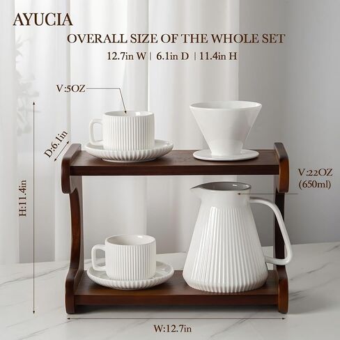 Pour Over Coffee Maker Set, 22OZ Ceramic Pour Over Coffee Dripper with Acacia Wood Stand and 5OZ Cups and Saucers Set of 2, Size 02 in Saudi Arabia