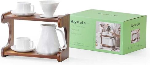 Pour Over Coffee Maker Set, 22OZ Ceramic Pour Over Coffee Dripper with Acacia Wood Stand and 5OZ Cups and Saucers Set of 2, Size 02 in Saudi Arabia