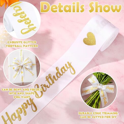 Zeyune 10 Yards Happy Birthday Ribbon Glitter White Gold Heart Ribbon Craft for Hair Bow Wreath Crafts Gift Wrapping Flower Bouquet Anniversary Wedding Decor Birthday Party Supply(2 Inch) in Saudi Arabia