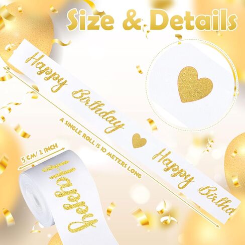 Zeyune 10 Yards Happy Birthday Ribbon Glitter White Gold Heart Ribbon Craft for Hair Bow Wreath Crafts Gift Wrapping Flower Bouquet Anniversary Wedding Decor Birthday Party Supply(2 Inch) in Saudi Arabia