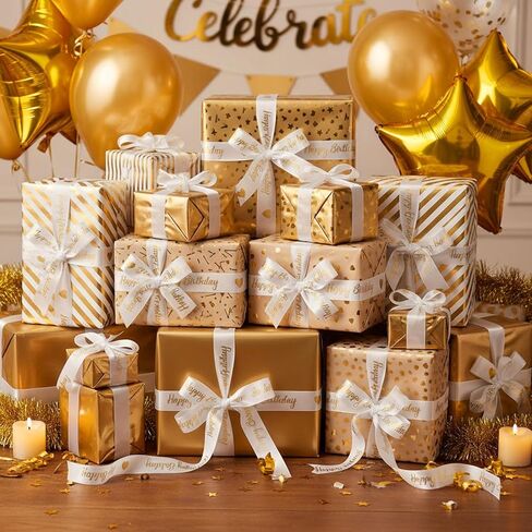 Zeyune 10 Yards Happy Birthday Ribbon Glitter White Gold Heart Ribbon Craft for Hair Bow Wreath Crafts Gift Wrapping Flower Bouquet Anniversary Wedding Decor Birthday Party Supply(2 Inch) in Saudi Arabia