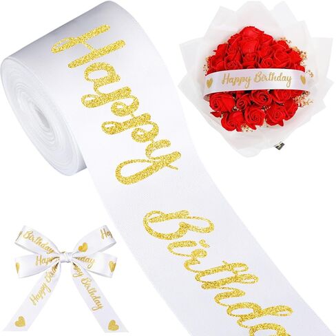 Zeyune 10 Yards Happy Birthday Ribbon Glitter White Gold Heart Ribbon Craft for Hair Bow Wreath Crafts Gift Wrapping Flower Bouquet Anniversary Wedding Decor Birthday Party Supply(2 Inch) in Saudi Arabia