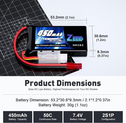 Zeee 2S Lipo Battery 450mAh 7.4V 50C Soft Pack RC Battery with JST Plug for FPV Drone Quadcopter Helicopter Airplane RC Boat RC Car RC Models(4 Pack) in Saudi Arabia
