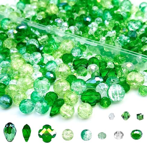 800PCS Green Glass Beads, Assorted Crystal Loose Shiny Beads for Jewelry Making, Earring, Necklace, Bracelet, Crafts DIY in Saudi Arabia