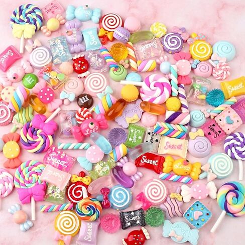 50Pcs Candy Charms Assorted Cute Decoden Embellishments, Kawaii Accessories,Bulk Lollipop Bow Rainbow Flatback Resin Charm for Phone Junk Cases,Scrapbooking Crafting & DIY Decoration in Saudi Arabia