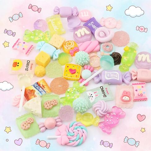 50Pcs Candy Charms Assorted Cute Decoden Embellishments, Kawaii Accessories,Bulk Lollipop Bow Rainbow Flatback Resin Charm for Phone Junk Cases,Scrapbooking Crafting & DIY Decoration in Saudi Arabia