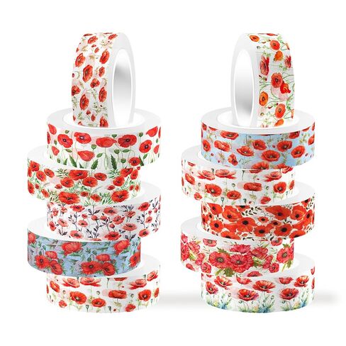 Adirasenotek 12 Rolls Red Poppy Washi Tape Set,Floral Washi Tape Decorative Paper Stickers Decorative Tapes for DIY Art Crafts Wrapping Decor Junk Journal Scrapbooking Gifts Stickers in Saudi Arabia
