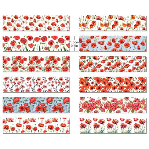 Adirasenotek 12 Rolls Red Poppy Washi Tape Set,Floral Washi Tape Decorative Paper Stickers Decorative Tapes for DIY Art Crafts Wrapping Decor Junk Journal Scrapbooking Gifts Stickers in Saudi Arabia