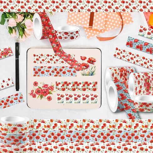 Adirasenotek 12 Rolls Red Poppy Washi Tape Set,Floral Washi Tape Decorative Paper Stickers Decorative Tapes for DIY Art Crafts Wrapping Decor Junk Journal Scrapbooking Gifts Stickers in Saudi Arabia
