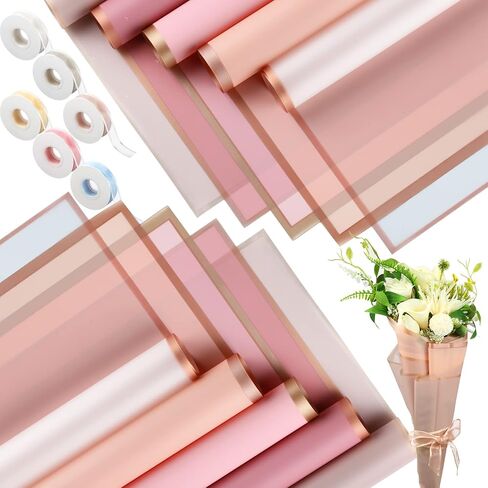Outus 106 Pcs Valentines Pink Flower Wrapping Paper with Ribbon Waterproof Floral Wrapping Paper Frosted Packaging for Valentine's Day Wedding Birthday Anniversary Decoration in Saudi Arabia
