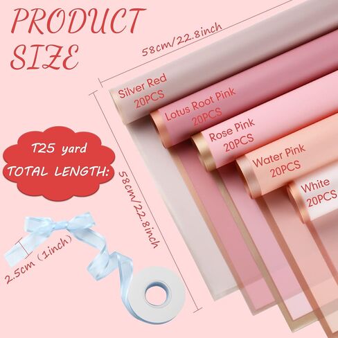 Outus 106 Pcs Valentines Pink Flower Wrapping Paper with Ribbon Waterproof Floral Wrapping Paper Frosted Packaging for Valentine's Day Wedding Birthday Anniversary Decoration in Saudi Arabia